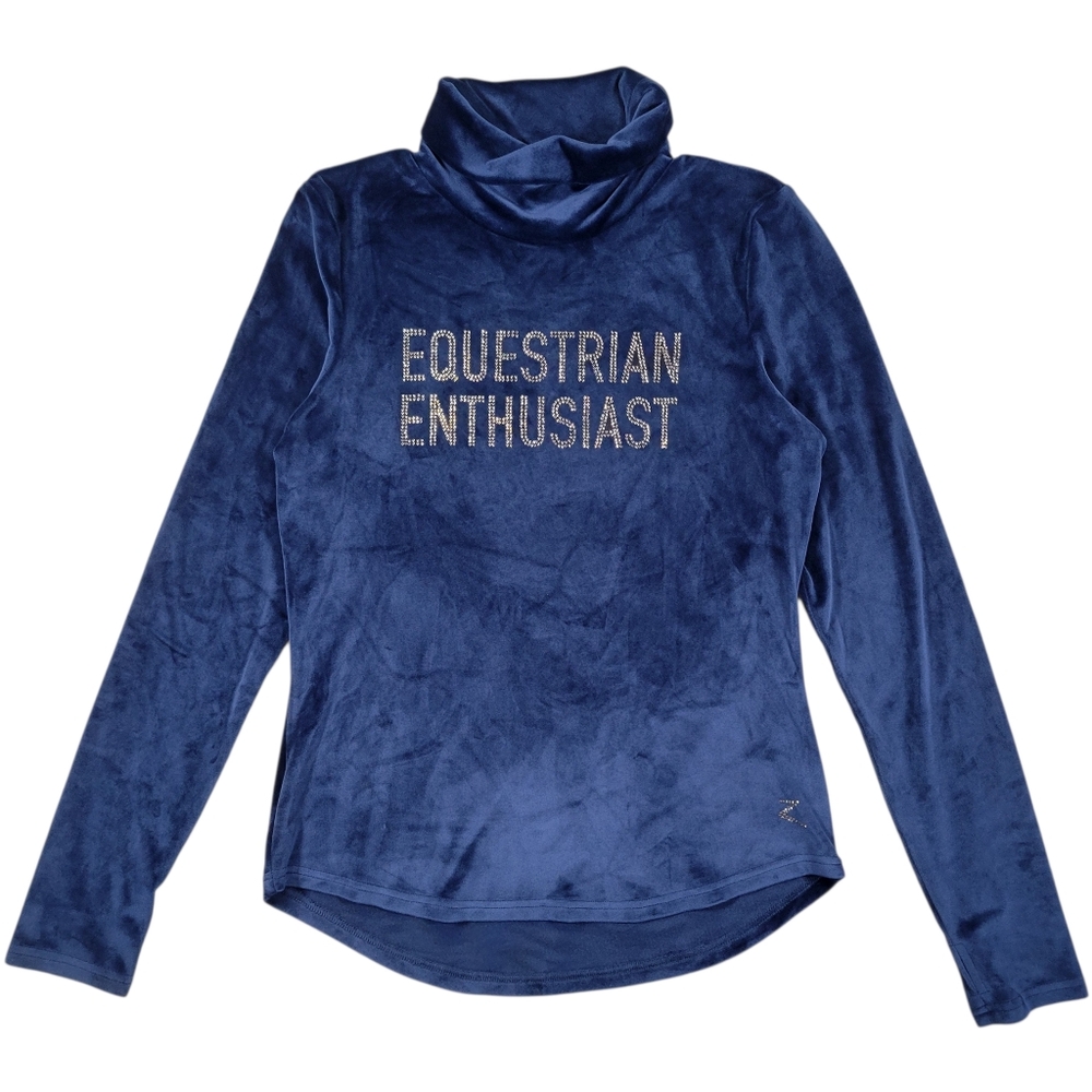 Horze Lilia Velvet Turtleneck Women 10 Blue Velour Equestrian Riding Long Sleeve